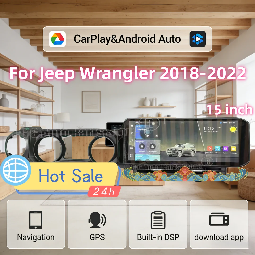 

15-дюймовый Android Auto и CarPlay автомобильный радиоприемник для Jeep Wrangler 2018 2019-2022 мультимедийный видеоплеер автомобильный GPS-навигатор стерео DSP