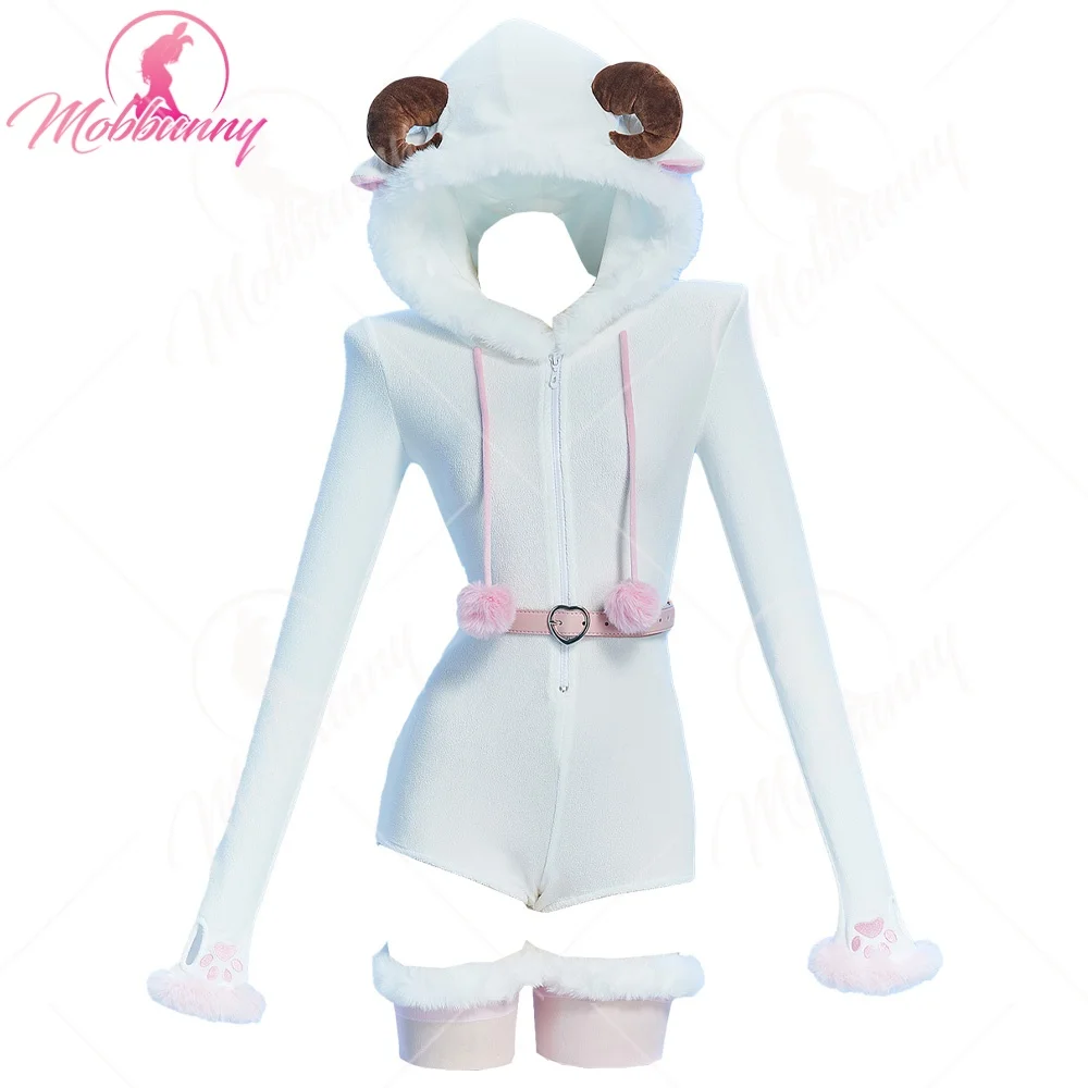 

MOBBUNNY Women Sheep Costume Animal Fluffy Hooded Romper One Piece Pajamas Sleepwear Homewear with Belt and Socks Halloween