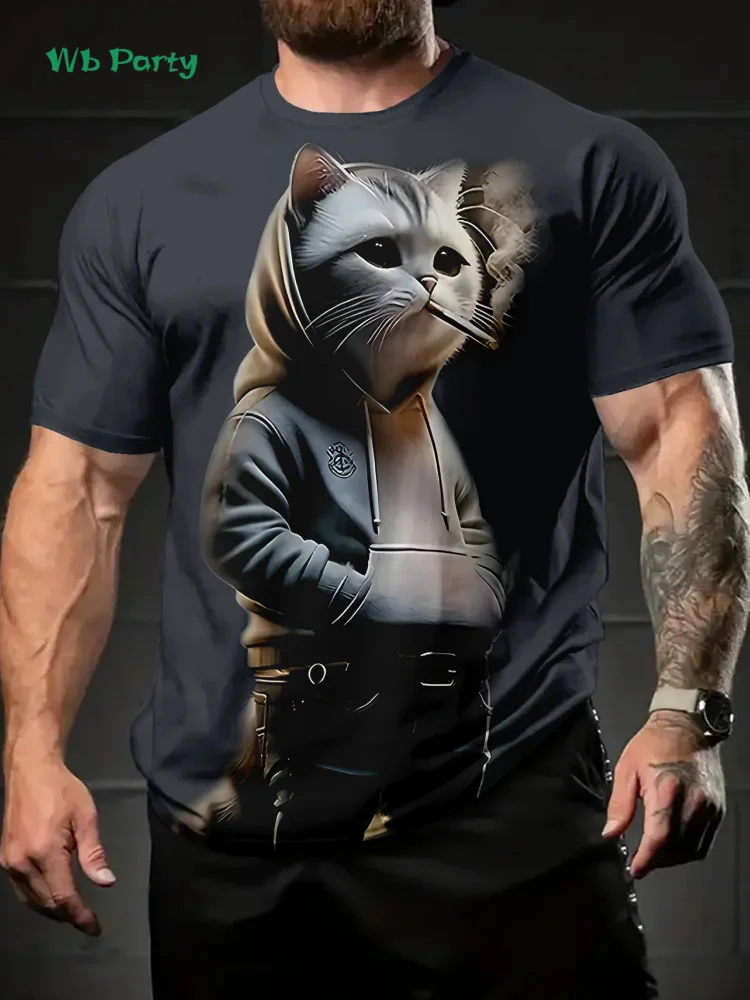 جديد ثلاثية الأبعاد القط تي شيرت مطبوع الصيف في الهواء الطلق الرجال قصيرة الأكمام المحملة موضة الجولة الرقبة الرجال بلايز عادية المتضخم ملابس للرجال