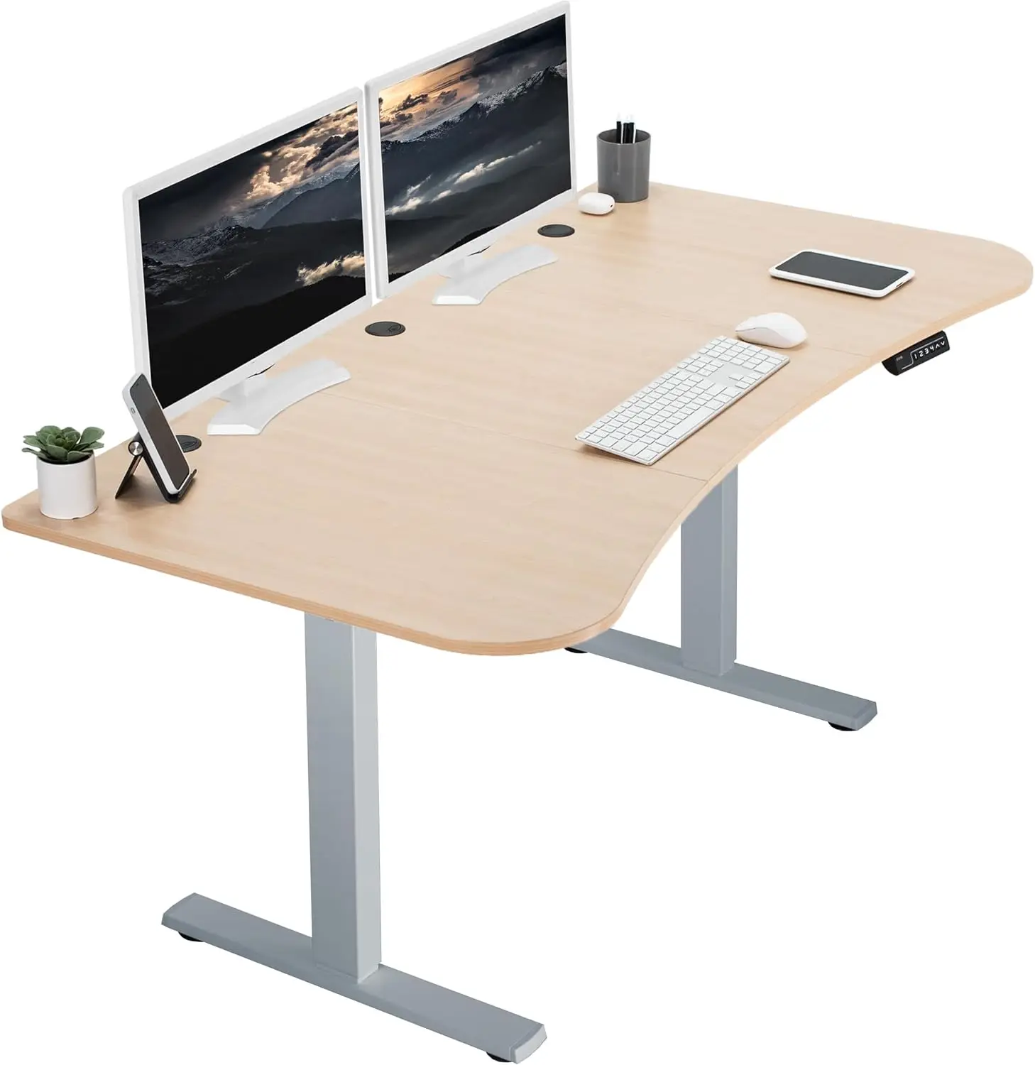 

Electric 63 x 32 inch standing desk workstation with memory controller height adjustment, light wood top grey frame