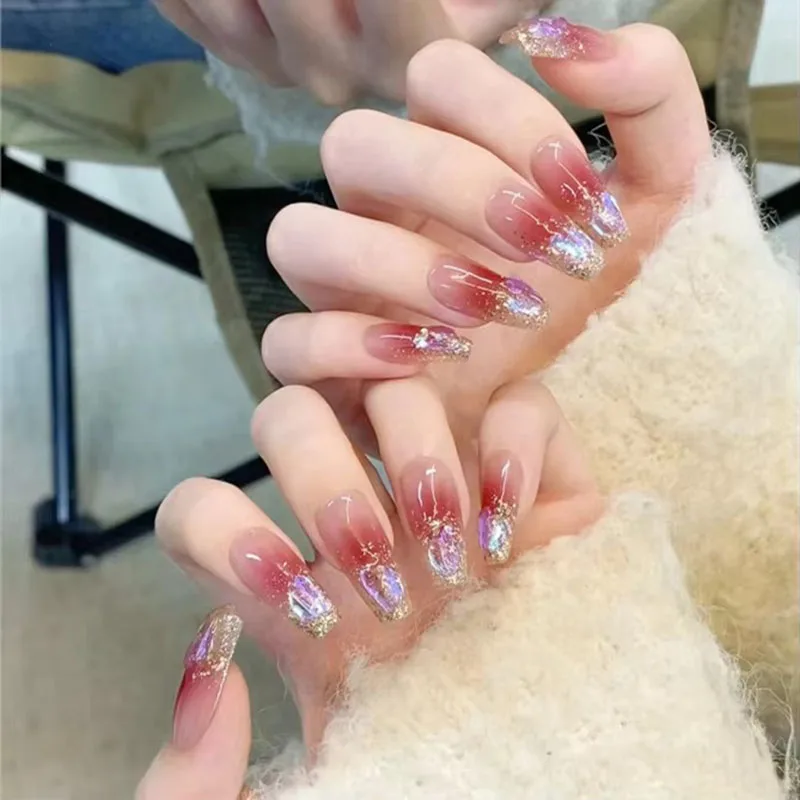 24pcs Autumn Winter Rhinestone Glitter Design Removable Press on Nails Decoration Coffin Cheap Girls False Nails 2024 Fake Nails