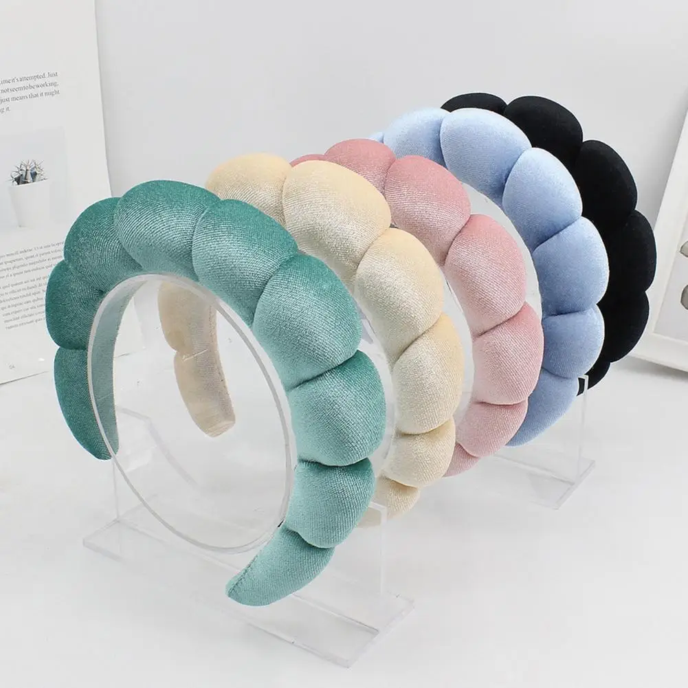 Women Headband Solid Color Elastic Puffy Sponge Headwear Hair-fixed Regular Fit Bath Washing Face Hair Hoop Hair Accessories