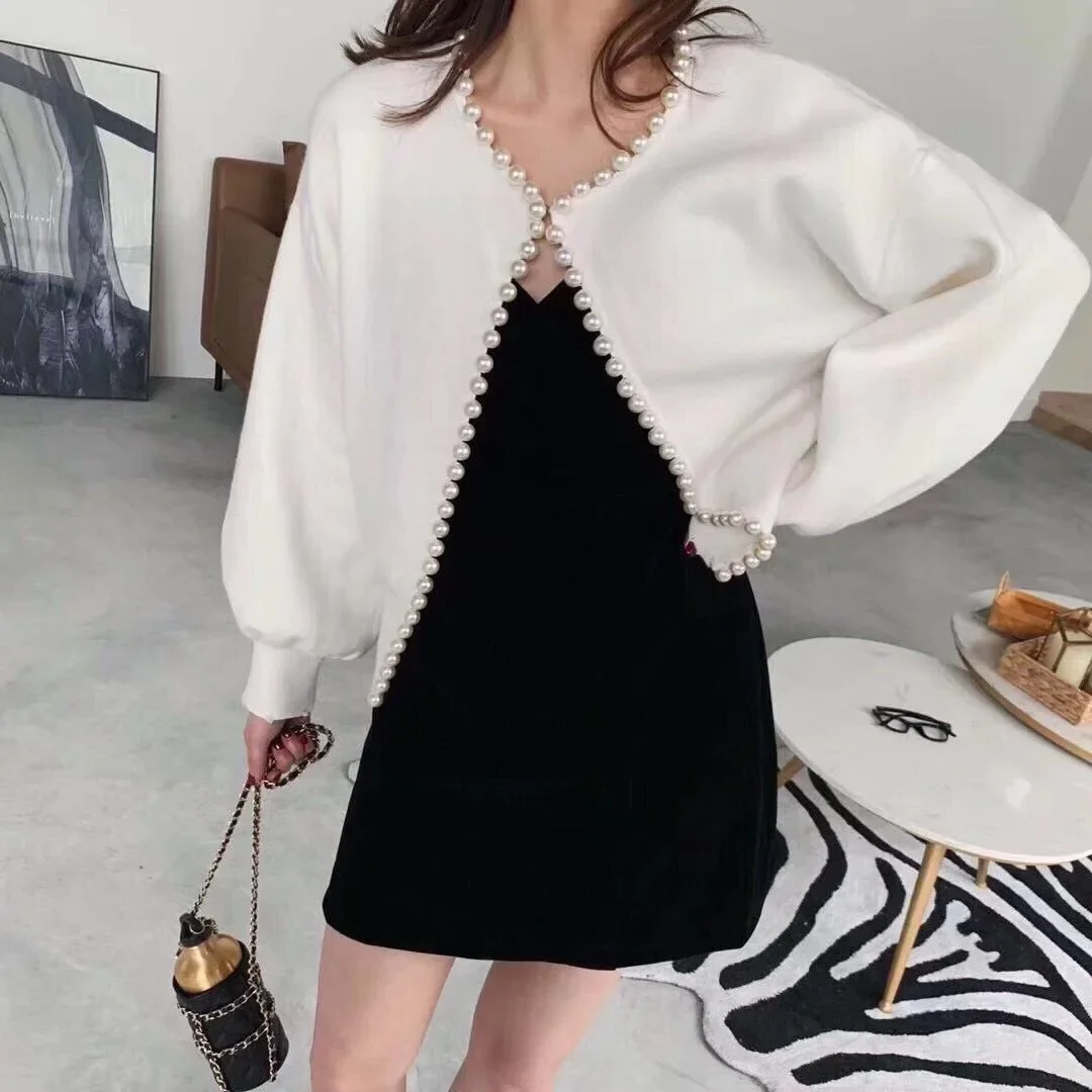 Women Chic New O Collar Knitting Cardigan Top Autumn Ladies Fashion Pearl Trim Long Sleeve Loose Warm Casual Sweater Coat