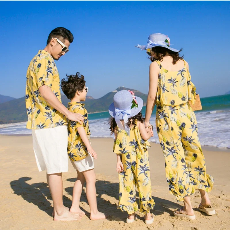 

New Family Matching Shirt Set Summer Casual BeachPrint Vacation Clothes for All Outfit Mom Daughter Romper Wide Leg Pineapple
