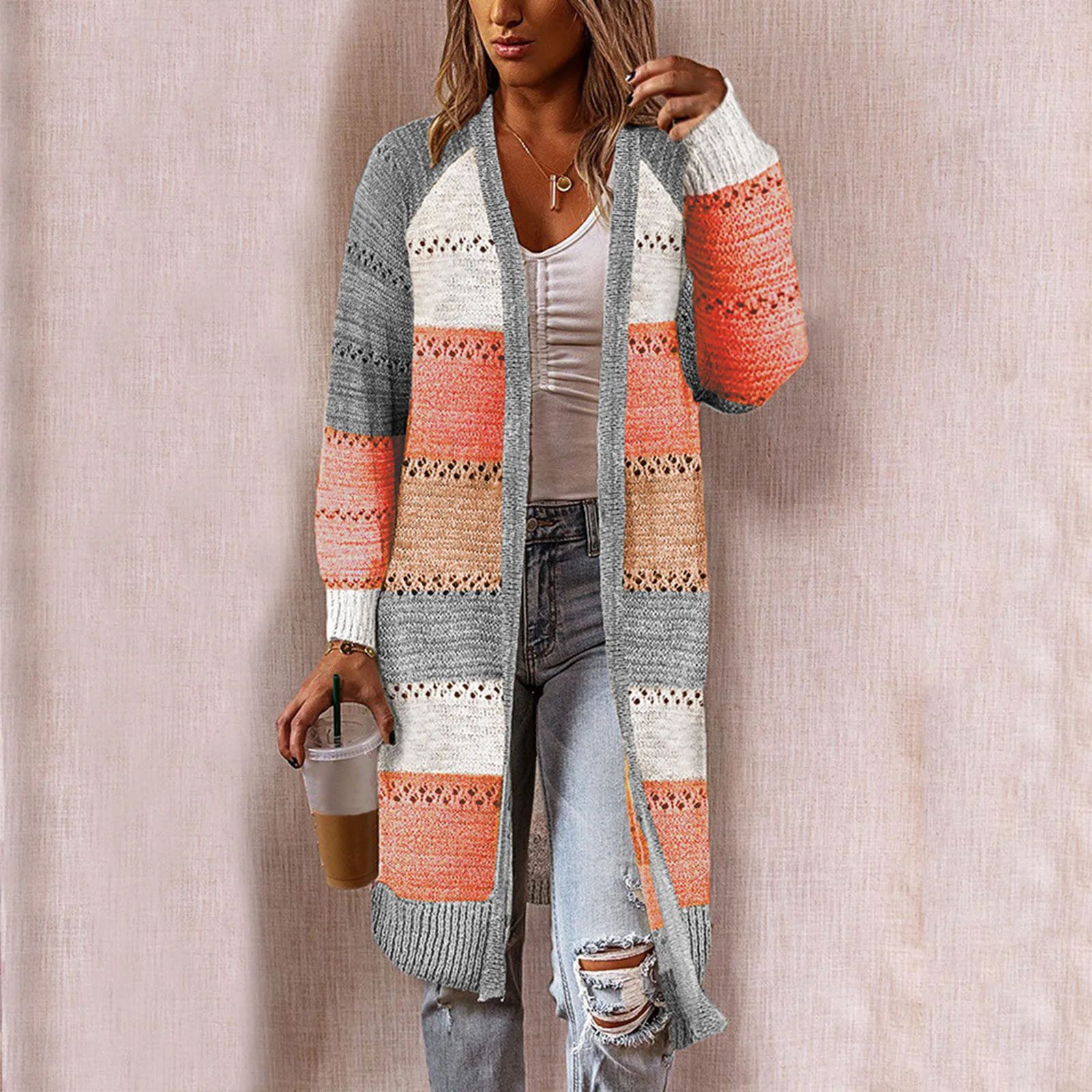 

Women Cardigan Sweaters Long Knitted Coat Casual Stripe Spring Autumn 2023 Contrast Color Womens Sweater Vintage Female Cardigan