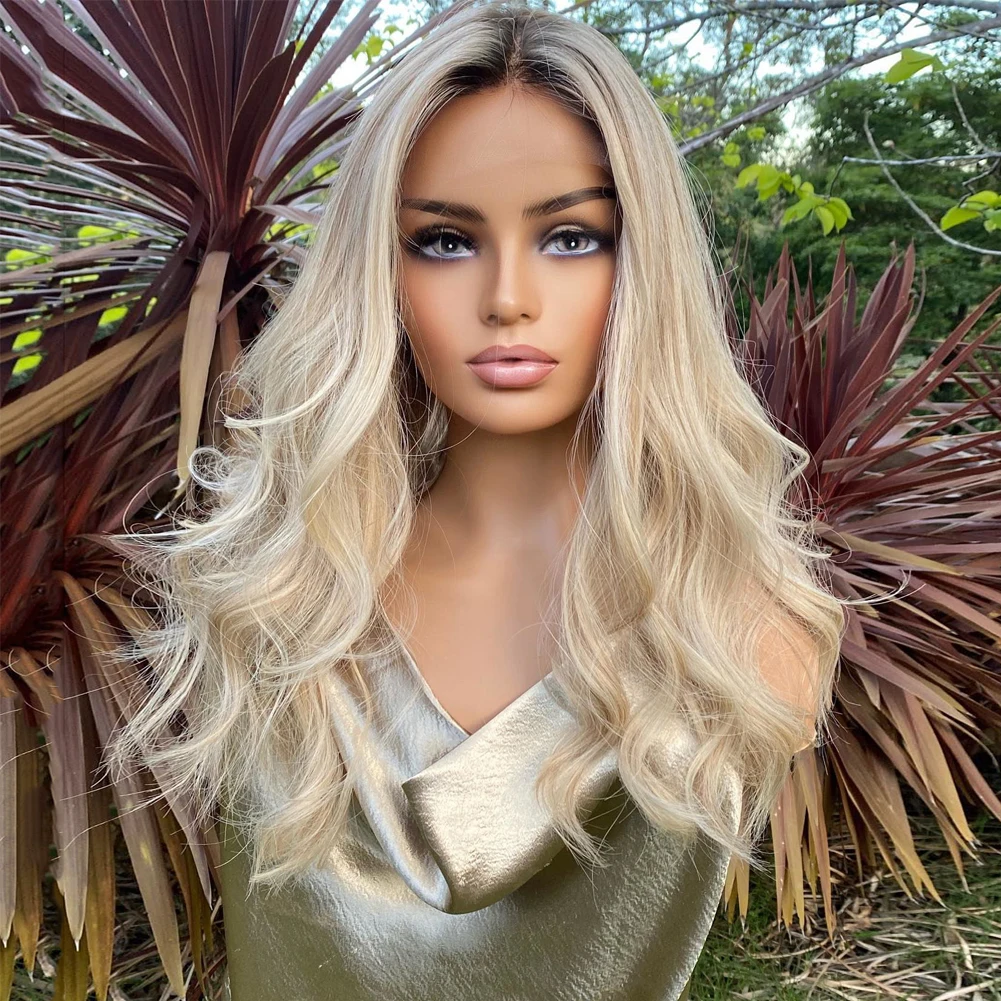 

HD Full Lace Human Hair Wigs 200% Warm Blonde Highlights Wavy Wig Dark Roots Pre Plucked 13x6 Lace Front Wig for Daily Wearing