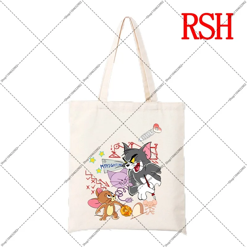 Tom and Jerry Cute Canvas Bag Women Men Outdoor Portable Large Capacity Handbags Cartoon Anime Pattern Shopping Handbag Gifts view 3