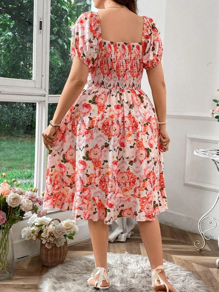 فستان نسائي صيفي مقاس كبير مطبوع عليه زهور رومانسي للعطلات، تنورة ماكسي كاجوال أنيقة لقضاء العطلات #4