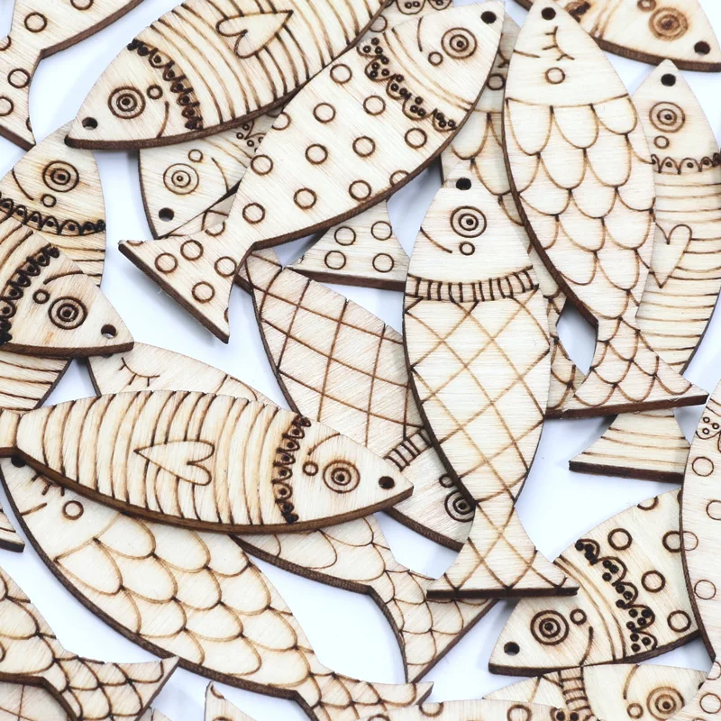 20pcs Mixed Fish Cartoon Wooden Slices Embellishments DIY Crafts For Scrapbooking Handmade Wood Ornament Home Decor Supplies