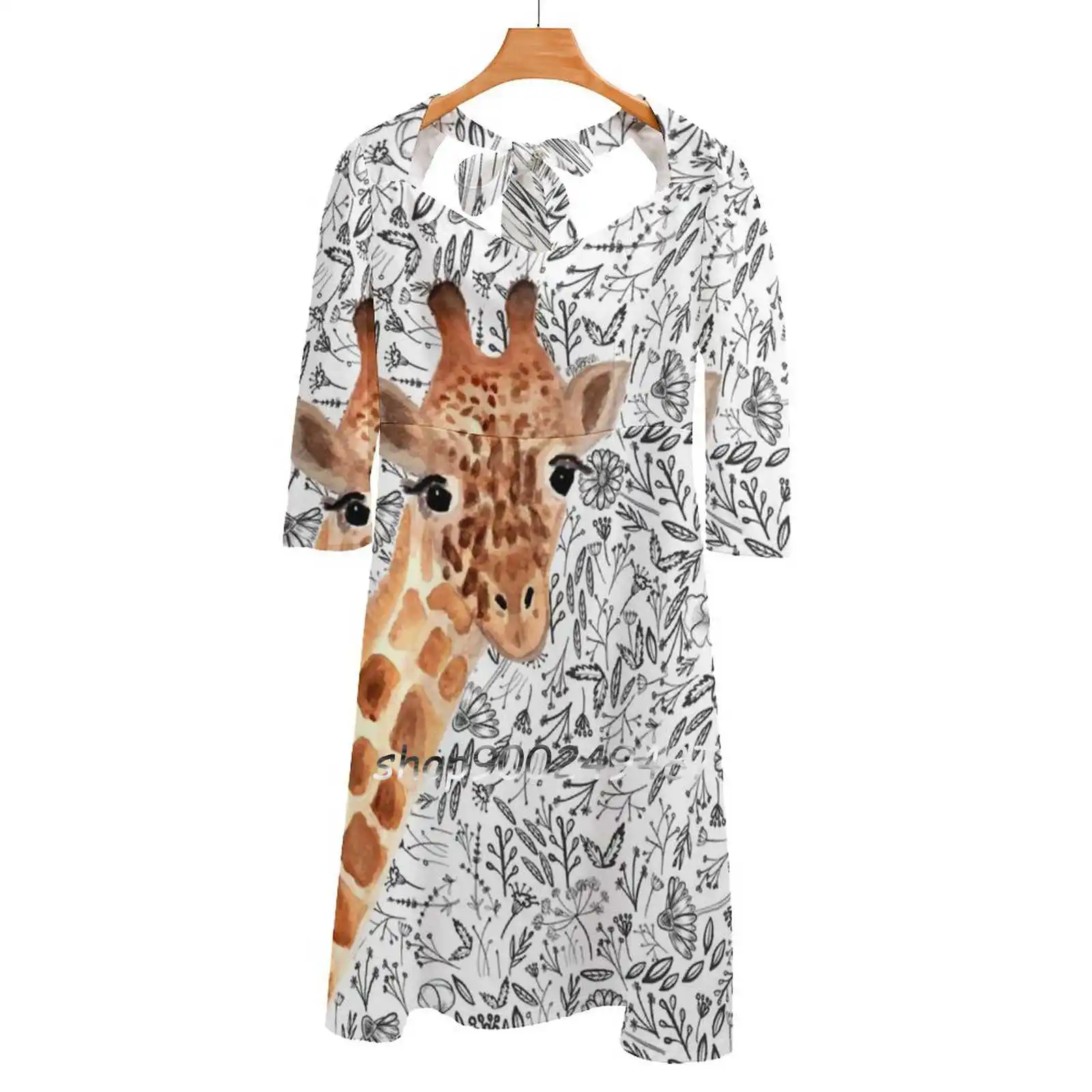 

Watercolor Giraffe Flare Dress Square Neck Dress Elegant Female Fashion Printed Dress Watercolor Giraffe Animals Giraffe Art