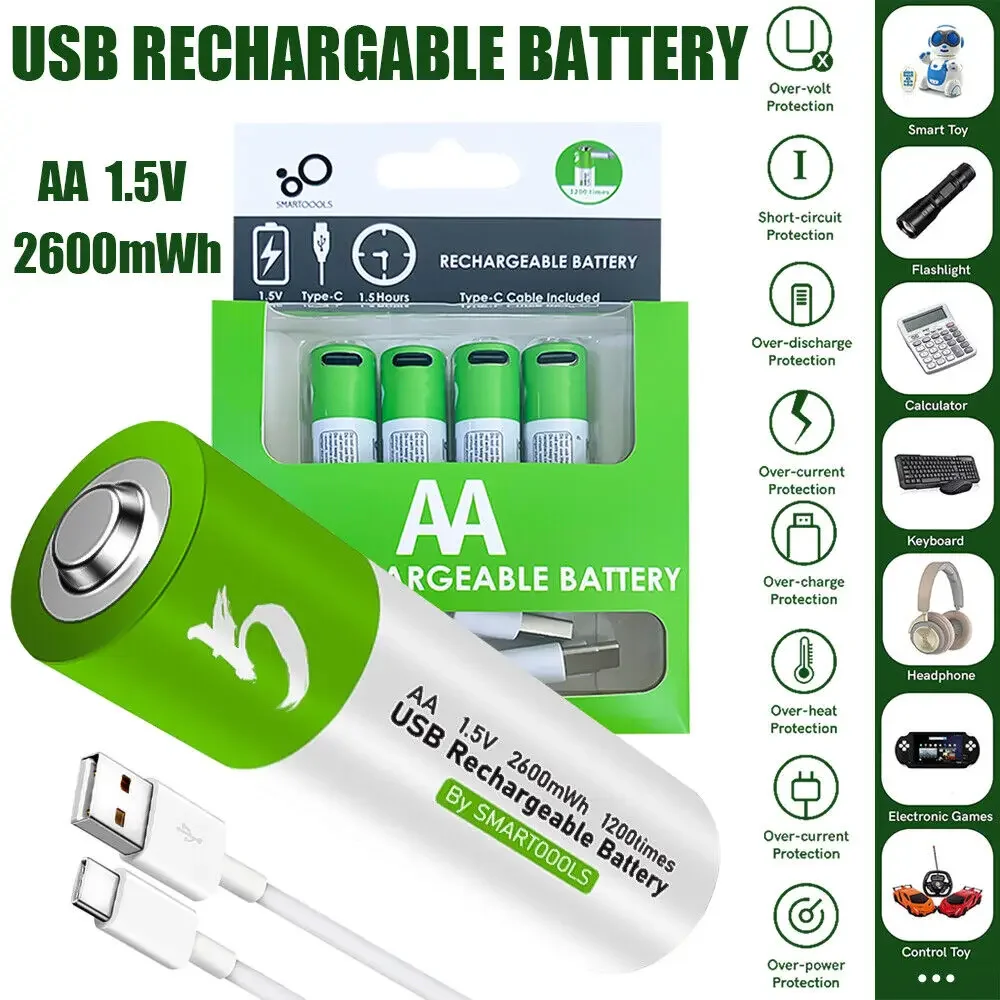 

4-16PCS AA 1.5V 2600mWh Capacity Rechargeable Batteries Suitable for Remote Control Mouse Small Fan Electric Toys + Type-C Cable