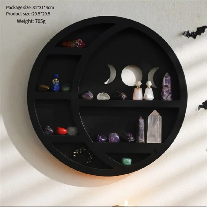 Prateleira crescente-lua para cristais, prateleira de cristal para parede, decoração de parede de lua, fase da lua, decoração de parede para quarto, 29,5x29,5cm