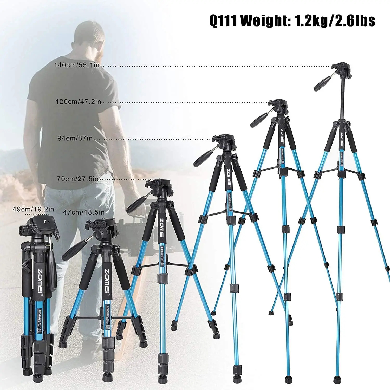 Zomei Travel Professional Camera Tripod with 3-Way Pan Head for Projector Smartphones Webcam Spotlight DSLR EOS Canon Nikon Sony