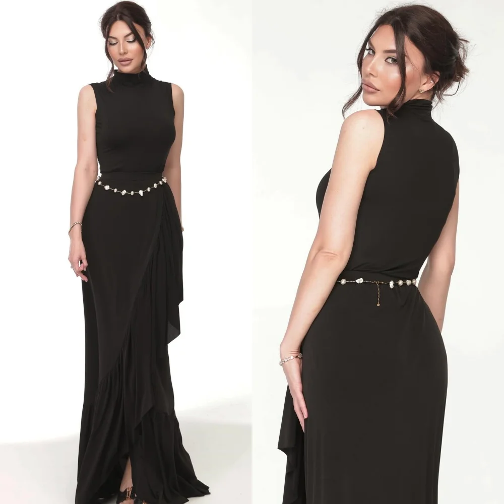 

Customized Modern Style Elegant Chiffon Sash Pleat Column High Collar Long Dresses Bespoke Occasion Dresses Fashion Classic