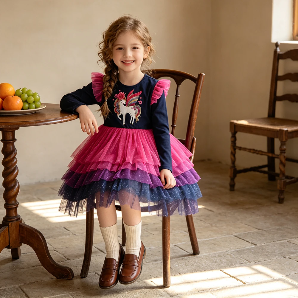 DXTON Baumwoll-Kleider für Mädchen, Herbst, Langarm, Cartoon-Motiv, Kindergeburtstags-Partykleidung, Applikation, Blumenmuster, Prinzessinnenkleid für Mädchen – Detail 2