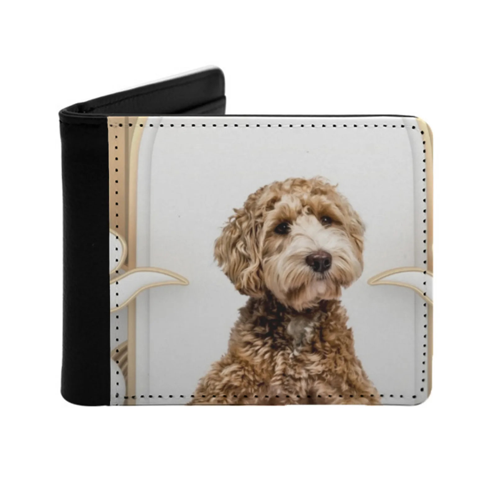 Golden Background Photo Collage Personalized Wallet For Men And Women Pu Leather Short Pocket Purse Doodle Labradoodle Dog