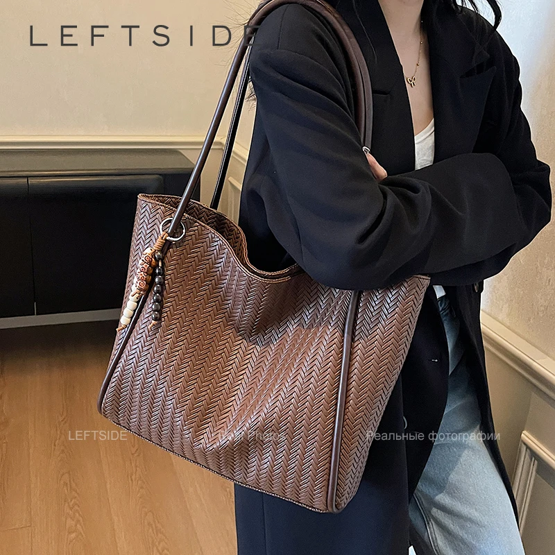 

LEFTSIDE Big Weave PU Leather Shoulder Bag for Women 2025 Winter Luxury Tote Bag Lady Designer High Capacity Handbags and Purses
