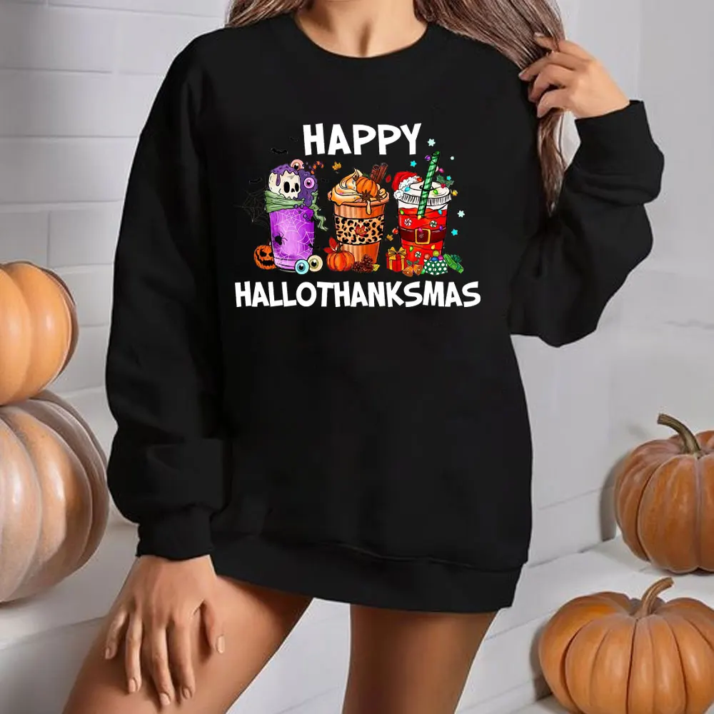 Happy Hallothanksmas Hoodie Halloween Sweatshirt Thanksgiving Hoody Christmas Pullovers Gift for Halloween Thanksgiving Hooded