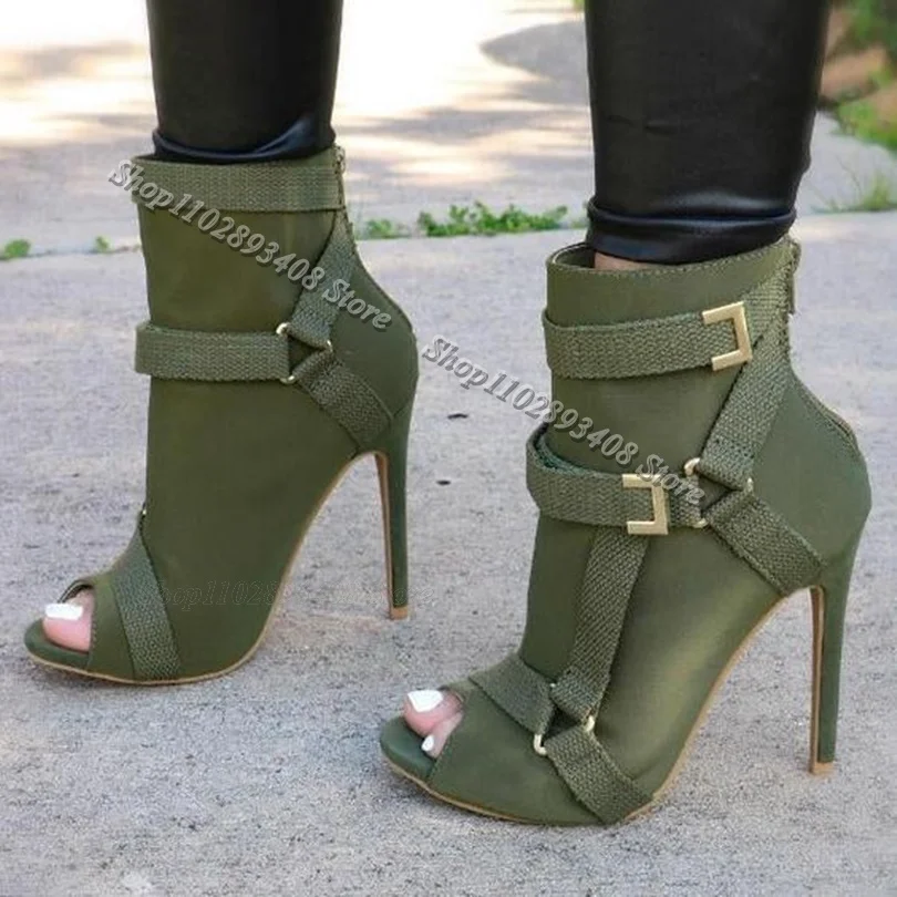 Green Peep Toe  Stiletto Ankle Boots Back Zipper Solid British Style Spring Fashion Party Casual Shoes 2024 Zapatos Para Mujere