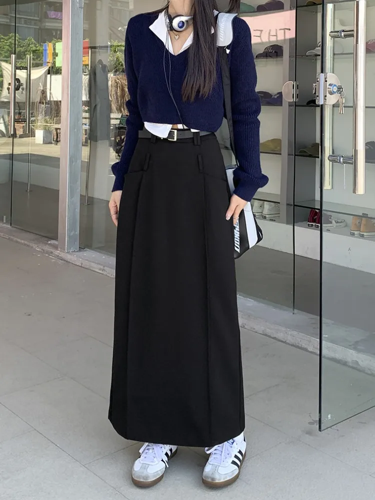 S-XL 2Colors Women Straight Long Skirt Autumn Winter 2022 Korean Style High Waist Back Split Suit Long Skirts Female(75054