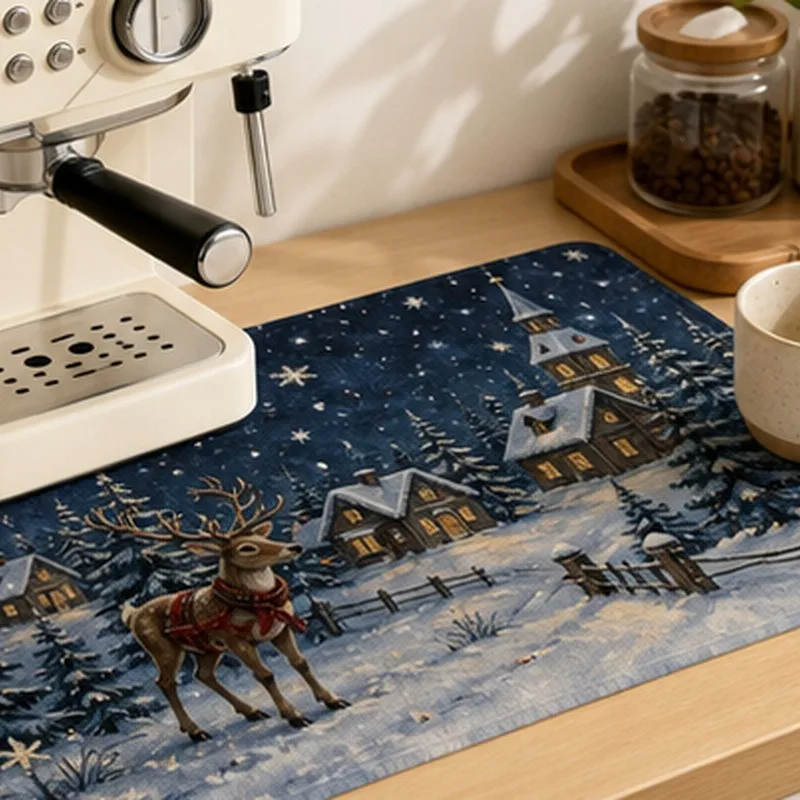 VIKAMA Diatomite Drying Mat, Super Absorbent Quick Dry Non-Slip Eco-Friendly Coffee Machine Mat Winter Village Reindeer