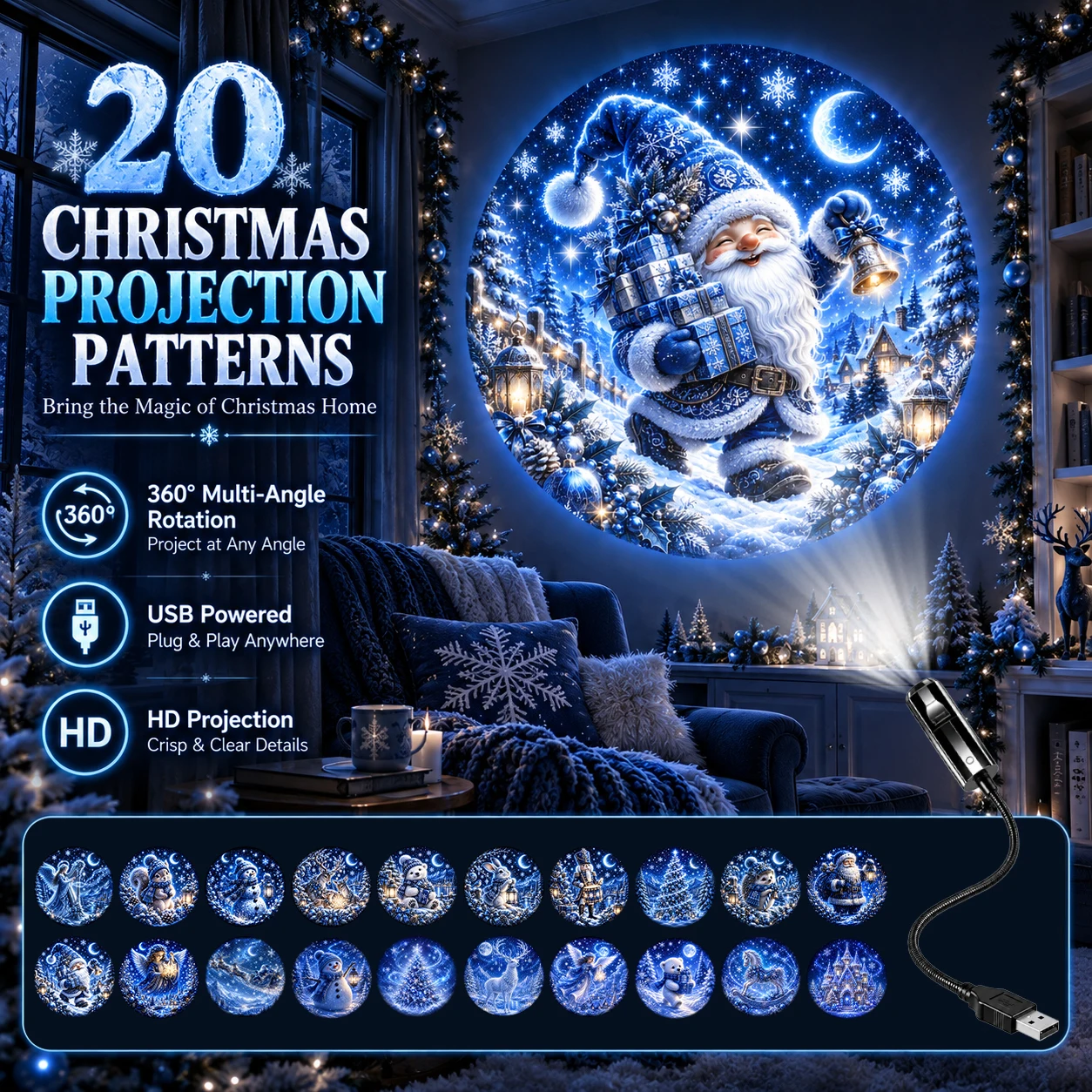 Christmas projection light featuring 20 holiday patterns perfect for creating an atmospheric glow in bedrooms and living rooms.