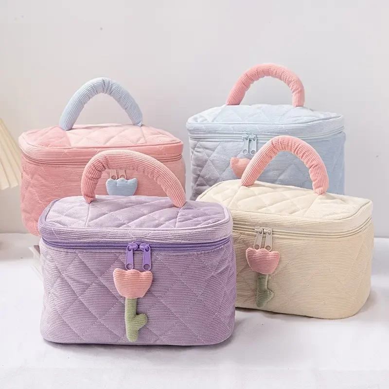 1 Set Solid Color Flower Makeup Bag Set Zipper Large Soft Corduroy Cosmetic Bag Female Travel Make Up Beauty Case Set