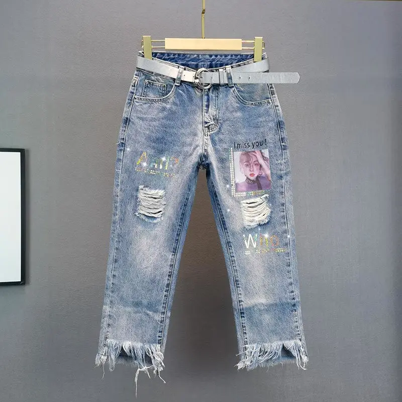 

High Waist Loose Fit Denim Jeans Women's Summer New Style Faded Gold Lace Trim Nine Points Straight Leg Jeans Casual Wear