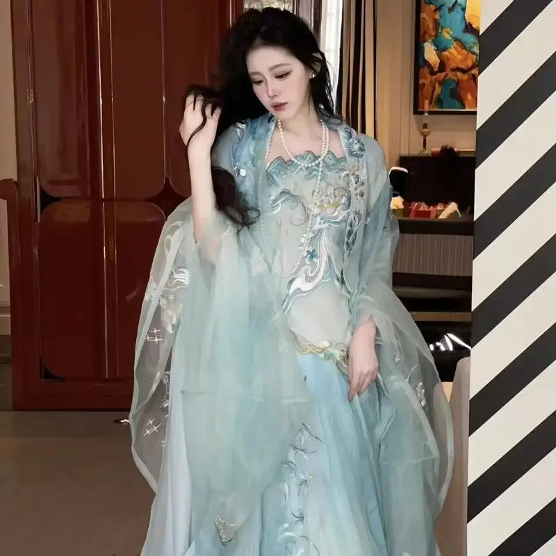 2026 جديد الصيف نمط كول Qingqiu الثقيلة التطريز طويلة الأكمام قميص الخصر طول تنورة تحسين الدول المتحاربة Hanfu للنساء