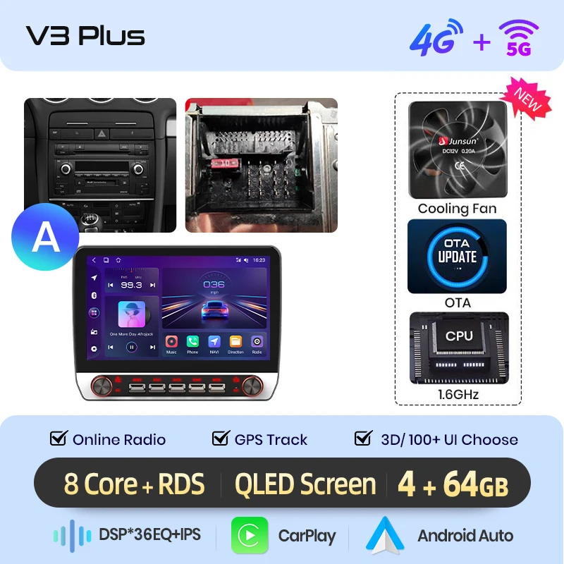 Junsun 13.1″ QLED draadloze CarPlay Android Auto autoradio voor Audi A4 B6 SEAT Exeo 2000-2009 Intelligente systemen DSP SWC RDS GPS