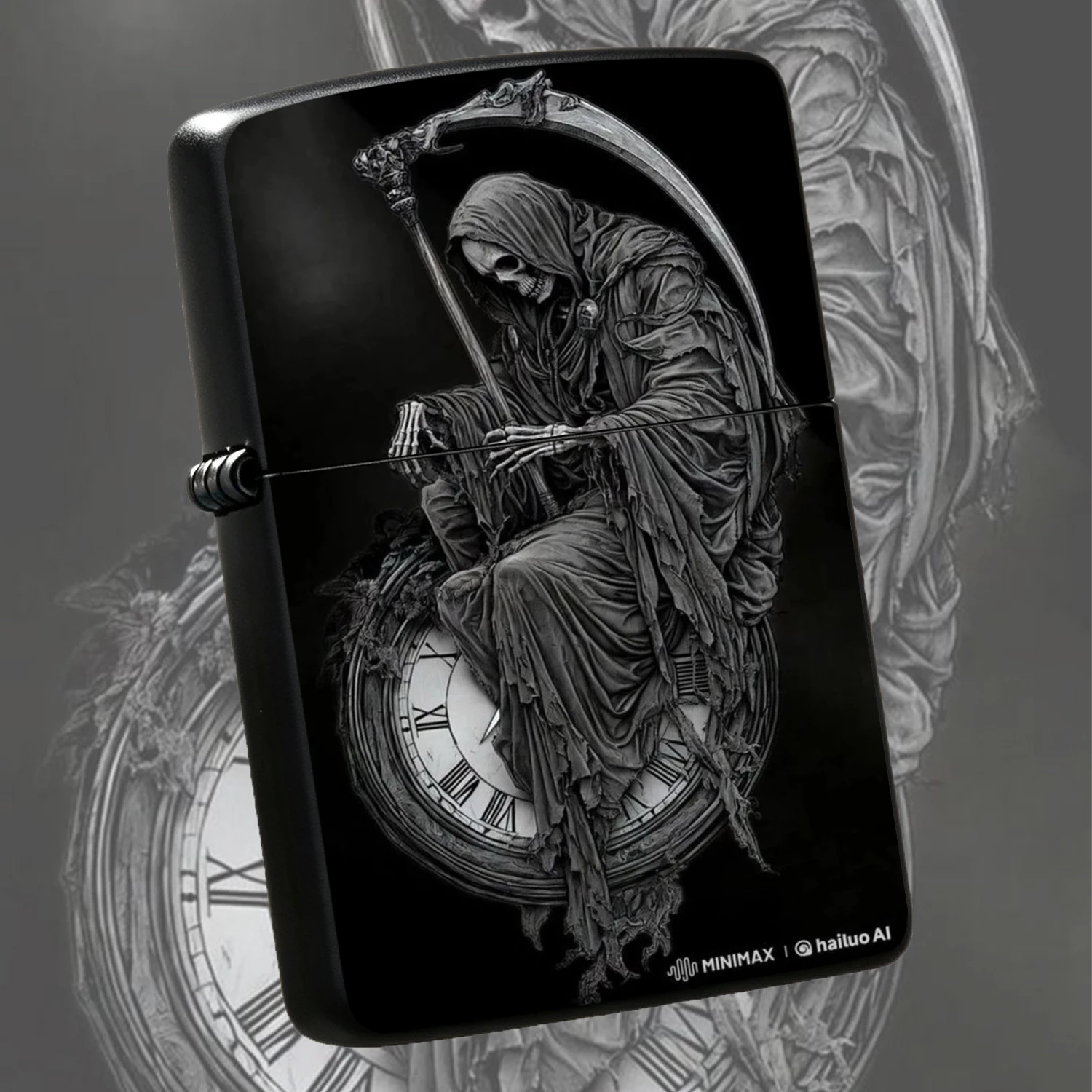 Gothic Grim Reaper Sitting On Vintage Pocket Lighter Creative Dark Aesthetic Art Portable Ignition Device Unique Edgy Accessory For Daily Outdoor Travel Multi Scenario Use Exquisite Niche Collectible Gift Present For Friends Art Lovers A Hu