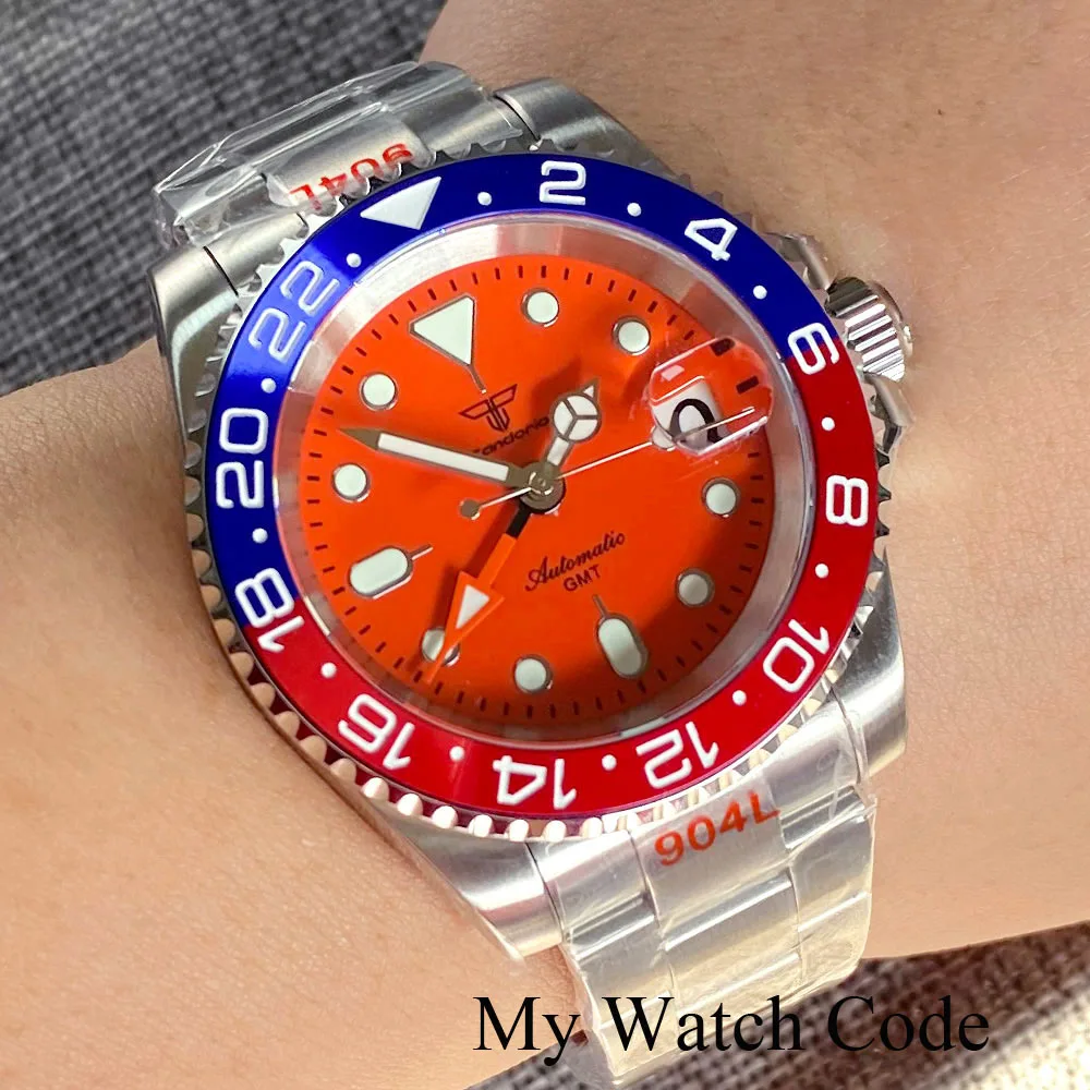 Tandorio NH34 Orange GMT Diver Steel Mechanical Watch Men SUB 200M Waterproof Clock 120 clicks Bezel 904L Strap Montres Homme