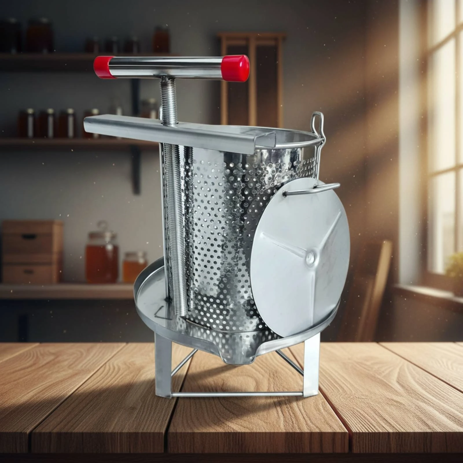 

Honey Press Machine Screw-Operated Manual Honey Press Perforated Drain Spout