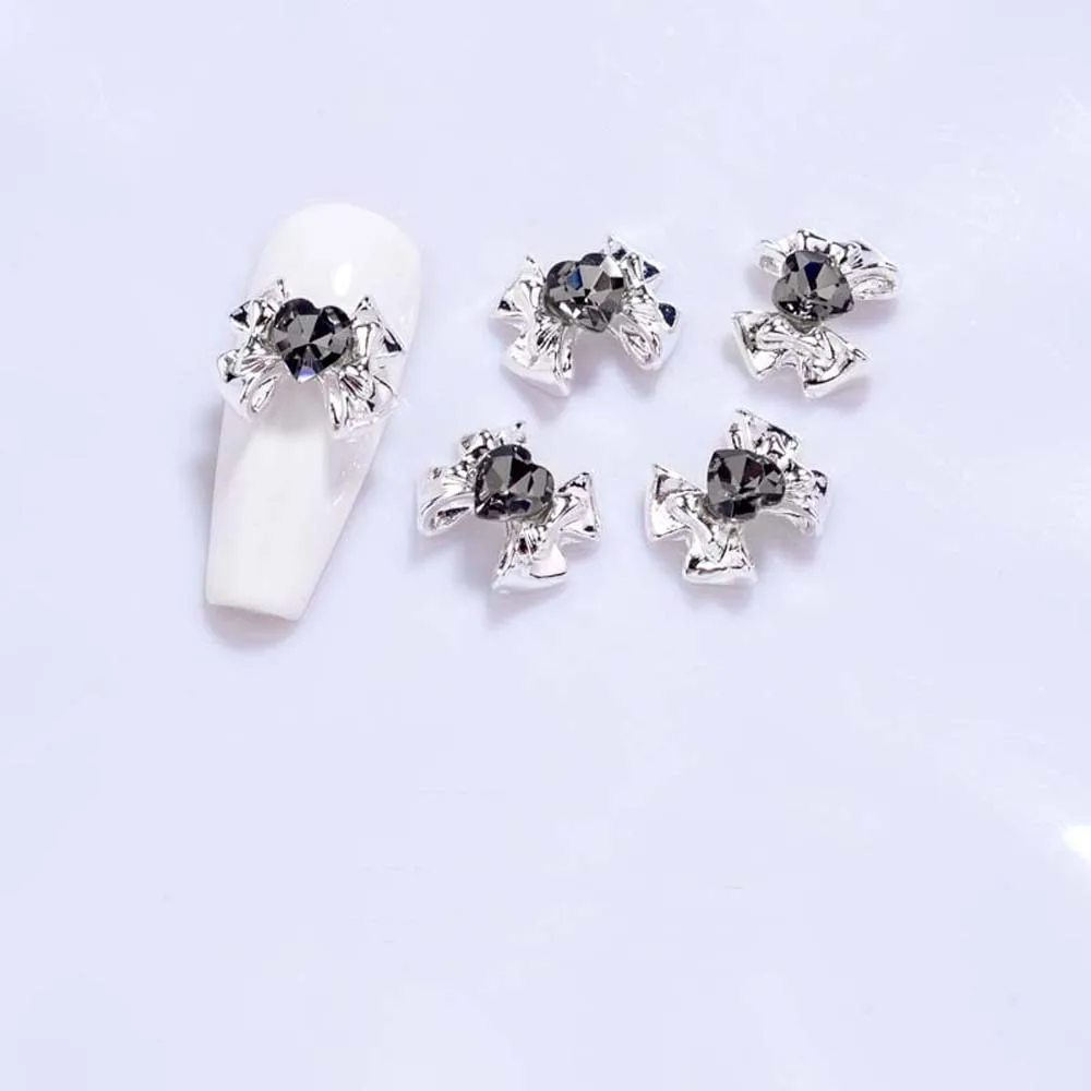 10pcs 3D Alloy Bowknot Nail Art Charm 3D Metal Silver Bows Symphony Heart Crystal Nail Decoration DIY Luxury Nail Accessories