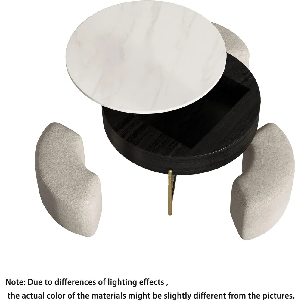 Table basse ronde relevable avec compartiments de rangement cachés, ensemble de tables basses emboîtables noires, marbre