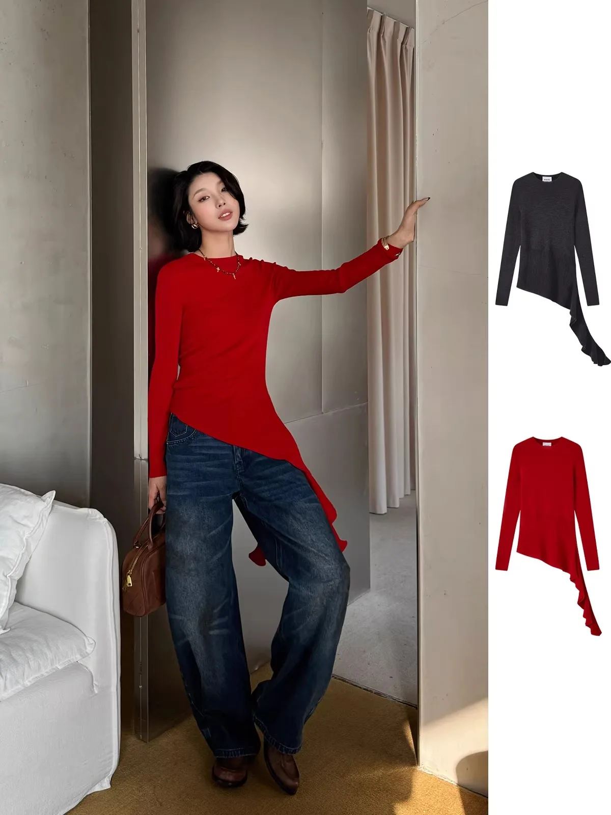 

Брендовая вязаная базовая кофта из шерсти неправильной формы DEARSOCUTE: Купите в магазине, повседневный стиль, приталенный крой, длинный рукав, круглый вырез, трикотаж