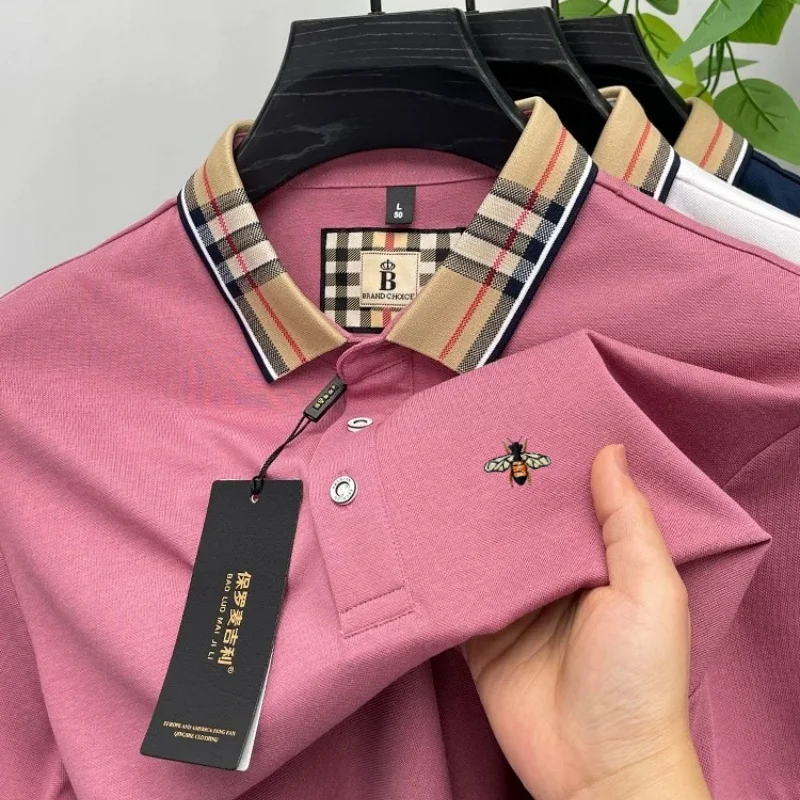 

Модная пчелиная вышивка короткими рукавами polo рубашка мужская роскошная марка летний комфорт шелковый хлопок воздухопроницаемость новая пункт перевернутым воротником футболка