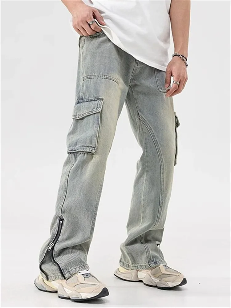 Mud Yellow Jeans for Men Y2K Solid Color Overalls with Buttons Multi-pocket Zipper To Make Old Pants Loose A148