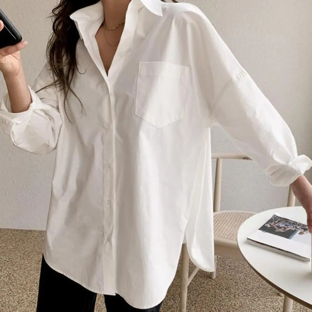 

Versatile Women Shirt Stylish Women's Button-up Shirt with Long Sleeve Patch Pockets Versatile Solid Color Workwear for Casual