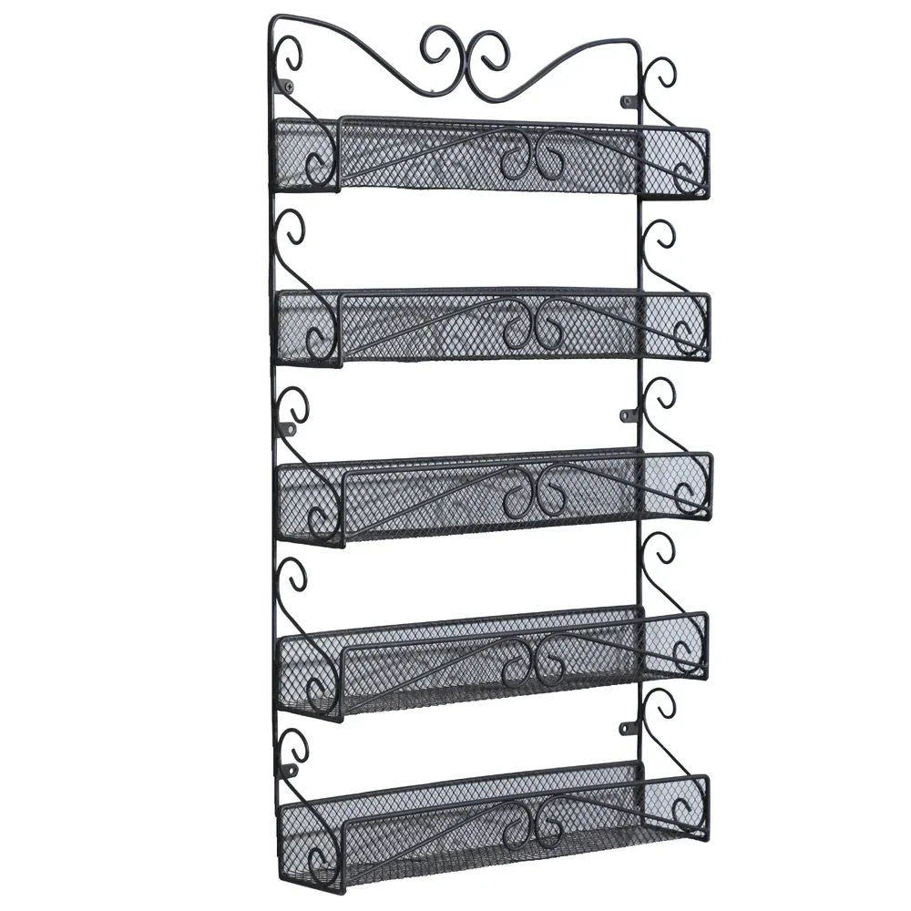 

Wall Mounted Spice Rack Organizer 5 Tier Multi-Purpose Metal Storage Shelf Pattern Edge Black 40x9x68CM