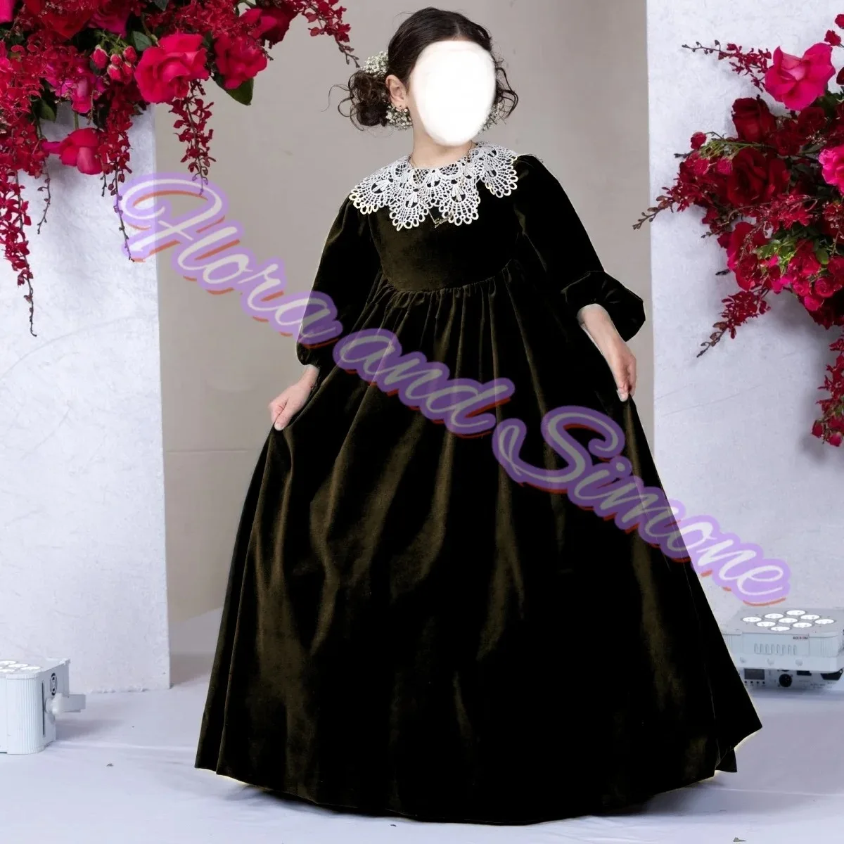 Großhandel Mädchenkleider mit Viertelärmeln, Spitzenkragen, Hochgeschnittener Taille, Samt-Blumenmädchenkleid für Hochzeitszeremonien, Formell, Maßanfertigung – Detail 4