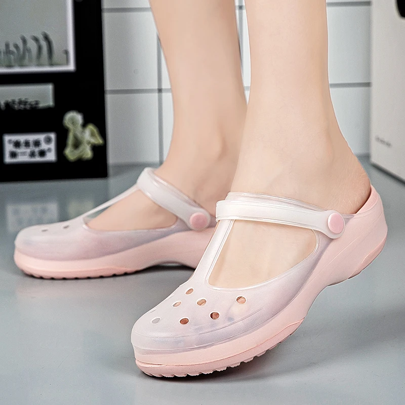 Summer Women Mary Jane Beach Sandals Hollow Out Breathable Jelly Garden Shoes Soft Bottom Anti Slip Slope Heel Cool Slippers