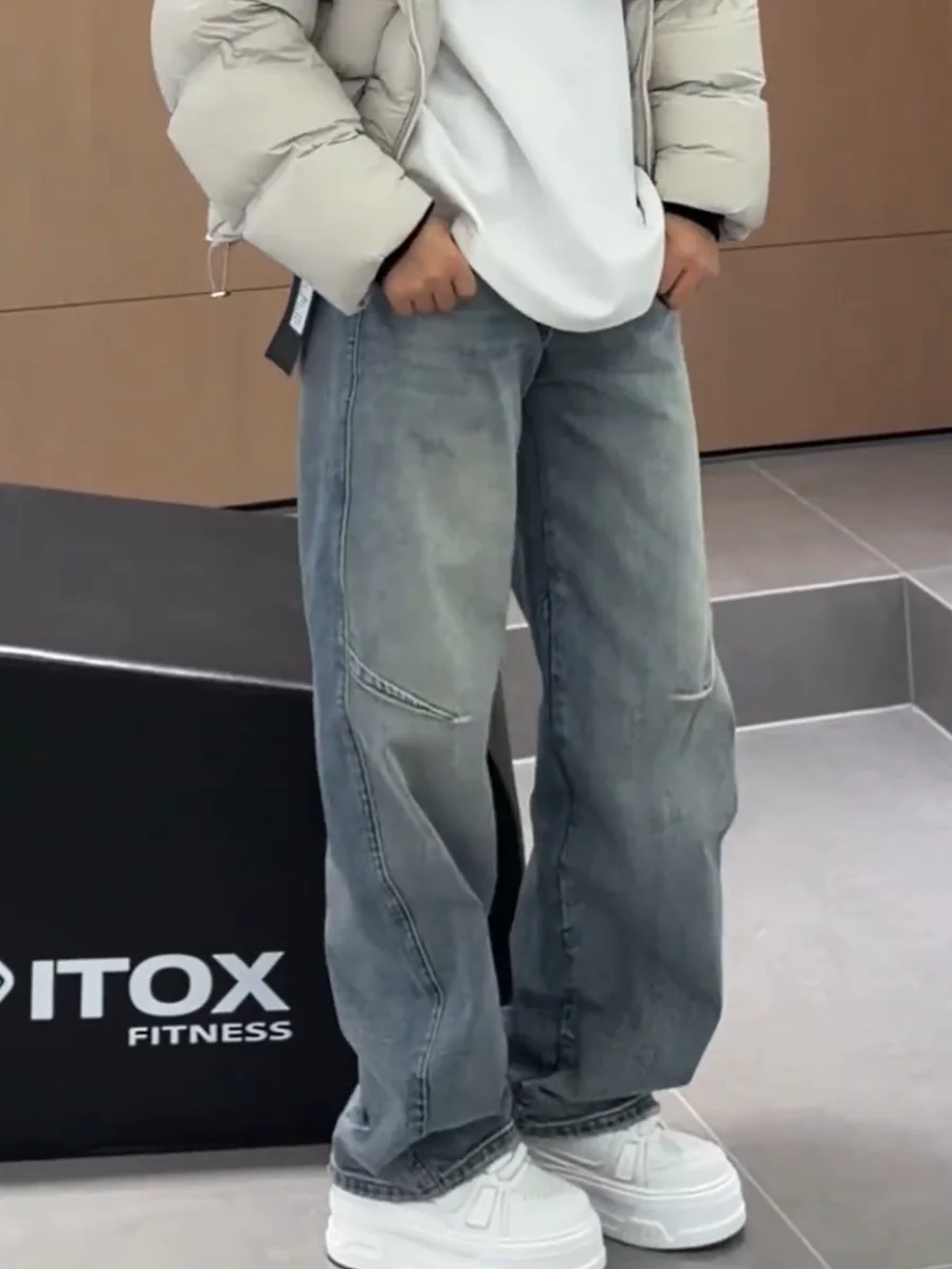 

Мужские джинсы в стиле ретро, американские, утолщенные, с эффектом потертости, повседневные, широкие, длинные брюки, весенне-осенний стиль, трехмерный крой