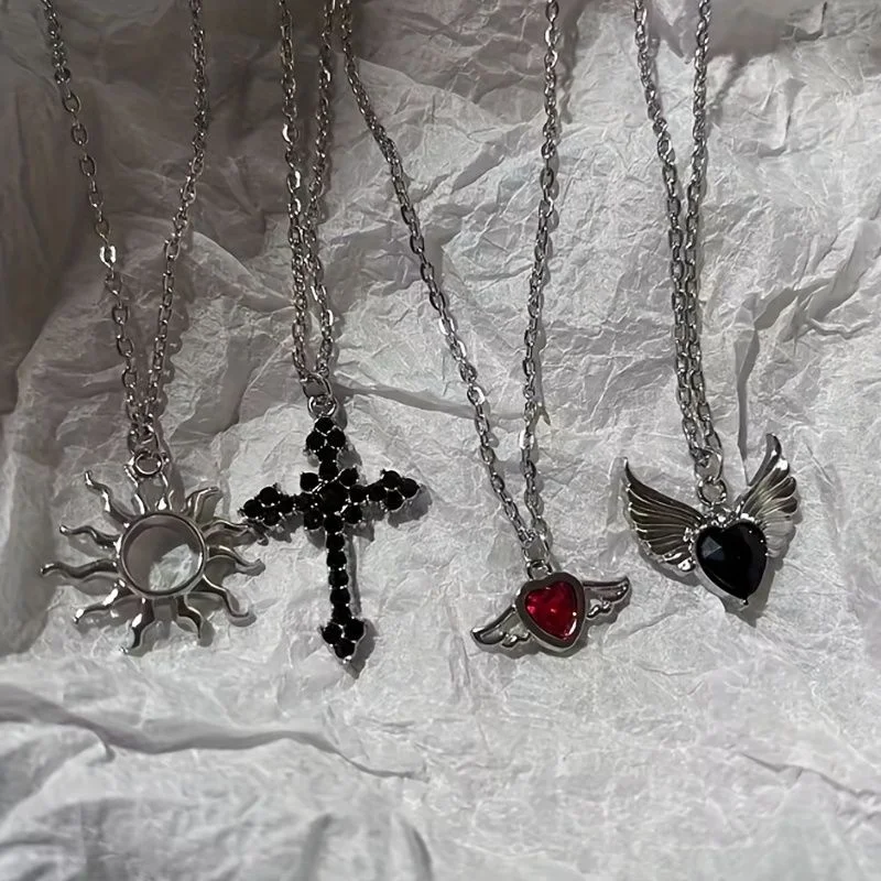 4-piece Gothic necklace set with hollowed out sun cross wings, red black heart pendant, silver fine chain, punk stacked jewelry