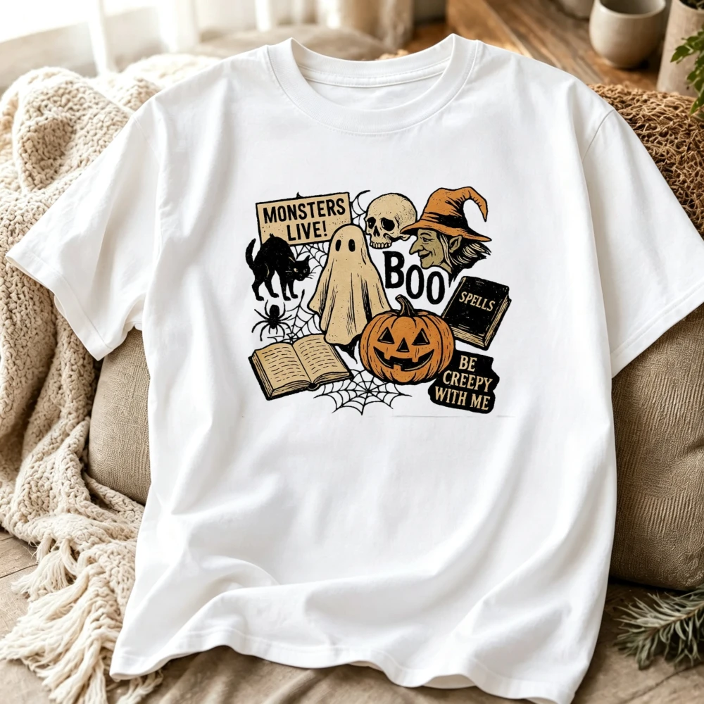 Halloween Retro Spooky Collage Graphic T‑Shirt Ghost Witch Skull Black Cat Pumpkin Spell Book Spider Web Spooky Casual Tops Tees