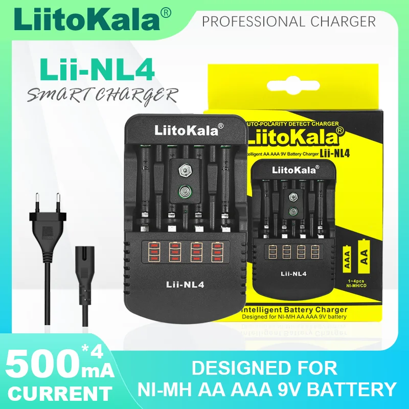 LiitoKala Lii-ND4 Lii-NL4 NiMH/Cd 1.2V AA AAA Recharge Bateery Charger and Test Battery Capacity 9V Batteries US EU UK Plug