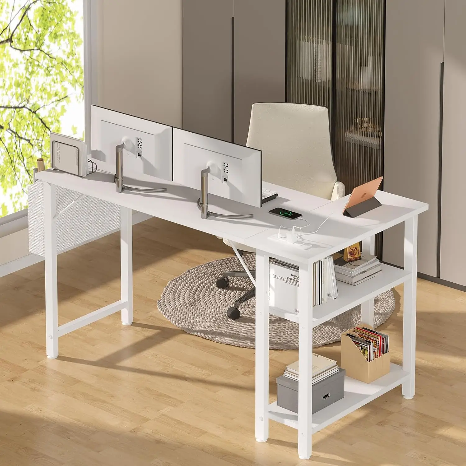 L Shaped Mesa do Computador com Prateleiras de Tomada, 47 "Mesa de Canto para Casa, Escritório, Quarto, Branco