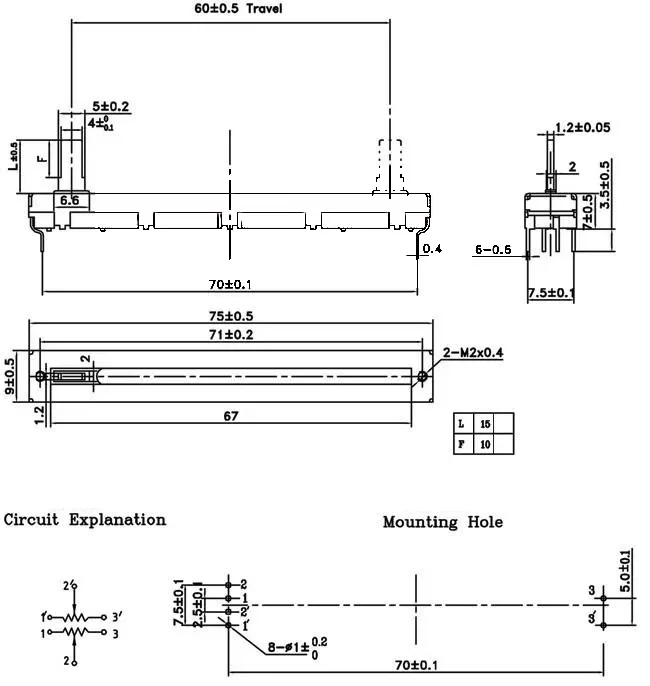 75mm Mixer-Fader – B10K Stereo-Linear-Schiebepotentiometer (B103) – Detail 2