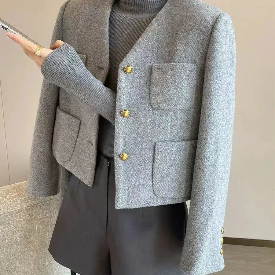 Abrigo de lana gris de alta calidad para mujer, chaqueta de invierno con bolsillo Retro y un solo pecho, Tops elegantes de manga larga para oficina para mujer
