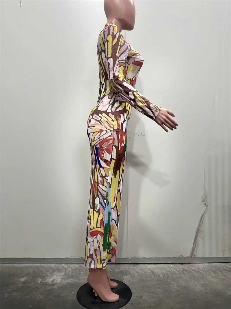 فستان ماكسي ضيق مطبوع عليه ربطة عنق ملونة من Doyerl فستان نسائي طويل الأكمام غمد نحيف قابل للتمدد للحفلات والنوادي فساتين طويلة Ropa De Mujer